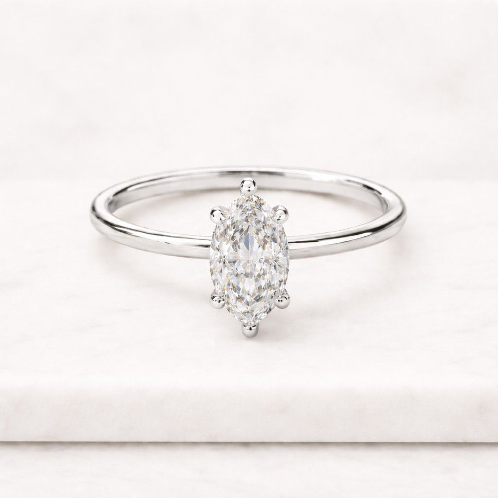 14K Gold Marquise Lab Grown Diamond Engagement Ring, Half Bezel Bypass Solitaire Wedding Ring
