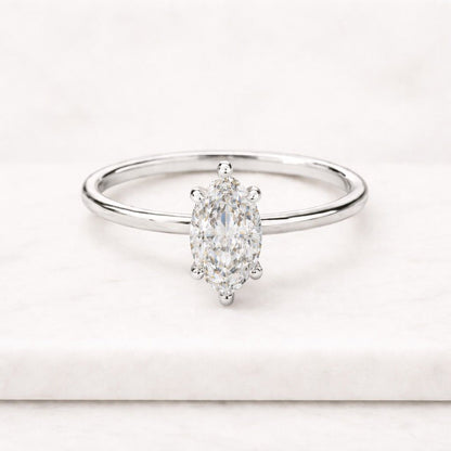 14K Gold Marquise Lab Grown Diamond Engagement Ring, Half Bezel Bypass Solitaire Wedding Ring
