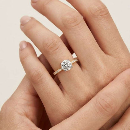 Round Cut Engagement Rings Pave Set, Side Stone Round Marquise Ring, Round Diamond Ring Moissanite Diamond Wedding Anniversary Gift for Wife