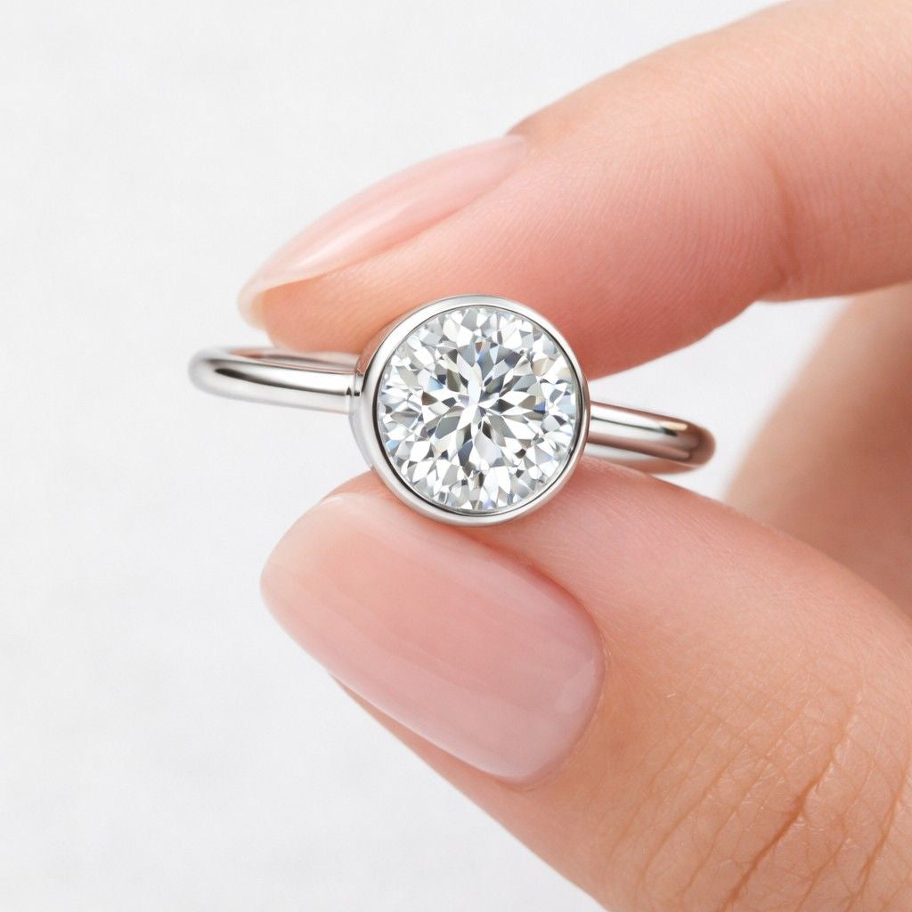 IGI Certificated 1CT Lab Grown Diamond Engagement Ring Solitaire Round Cut Diamond Ring Bezel Set 14K Yellow Gold Wedding Ring Anniversary