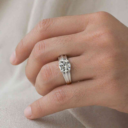 2.00 CT Round Lab Grown Diamond Solitaire Engagement Ring, Ribbed Gold Band Ring, Classic Prong Diamond Ring, Minimalist Proposal Ring
