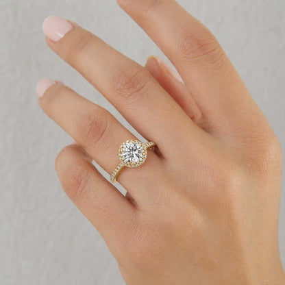 Solid Gold Round Cut Moissanite Engagement Ring, Half Pave & Hidden Halo Solitaire Ring,