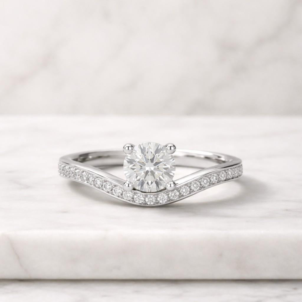 Solid Gold Curved Band Round Cut Moissanite Engagement Ring, Half Pave Proposal Ring