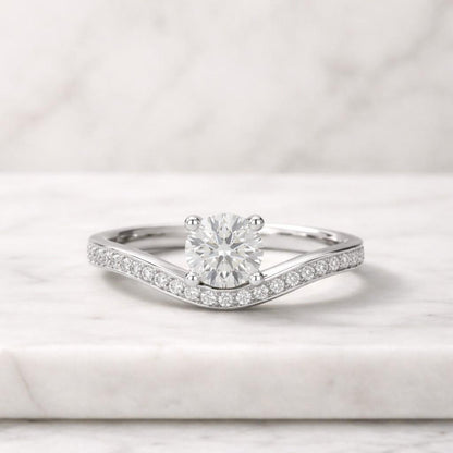 Solid Gold Curved Band Round Cut Moissanite Engagement Ring, Half Pave Proposal Ring
