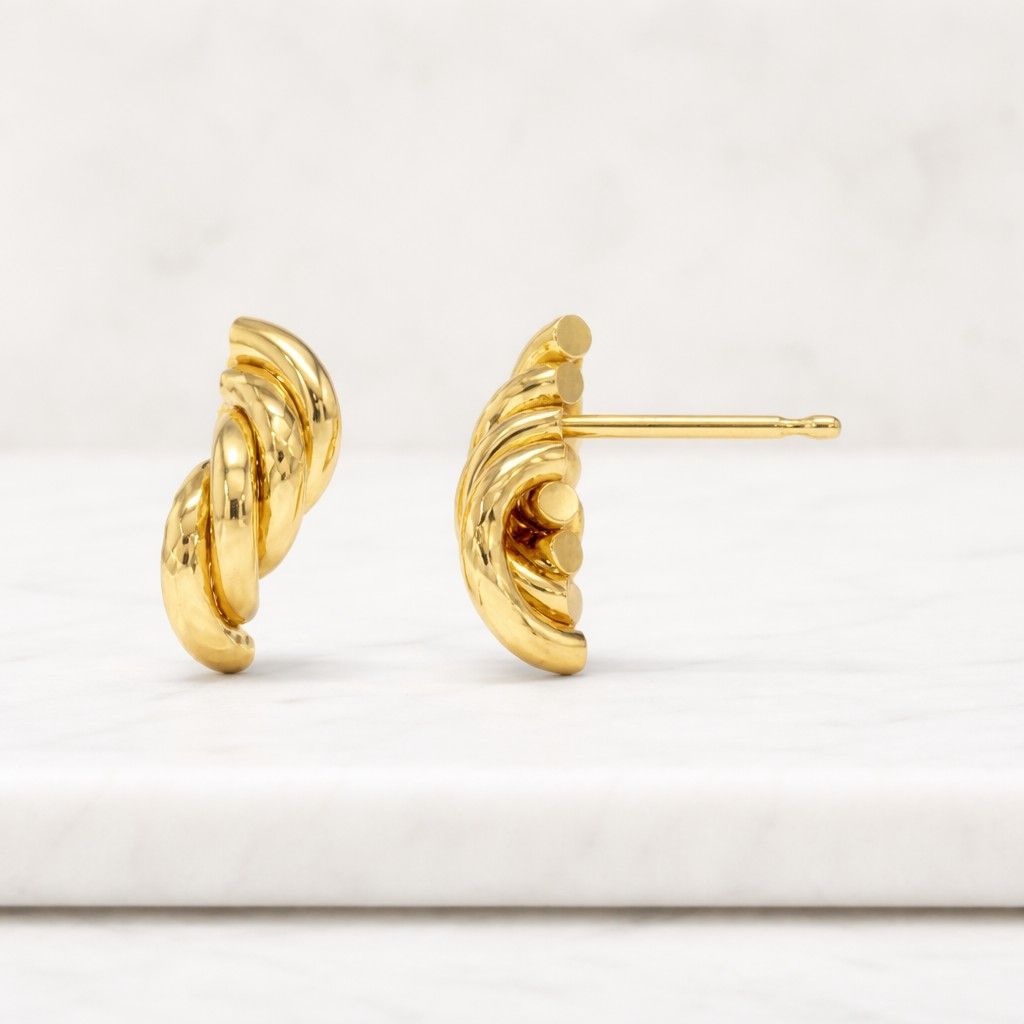 14K Gold Twisted Stud Earrings, Diamond Cut Textured Studs, Polished Bold Gold Earrings, Modern Yellow Gold Jewelry Gift
