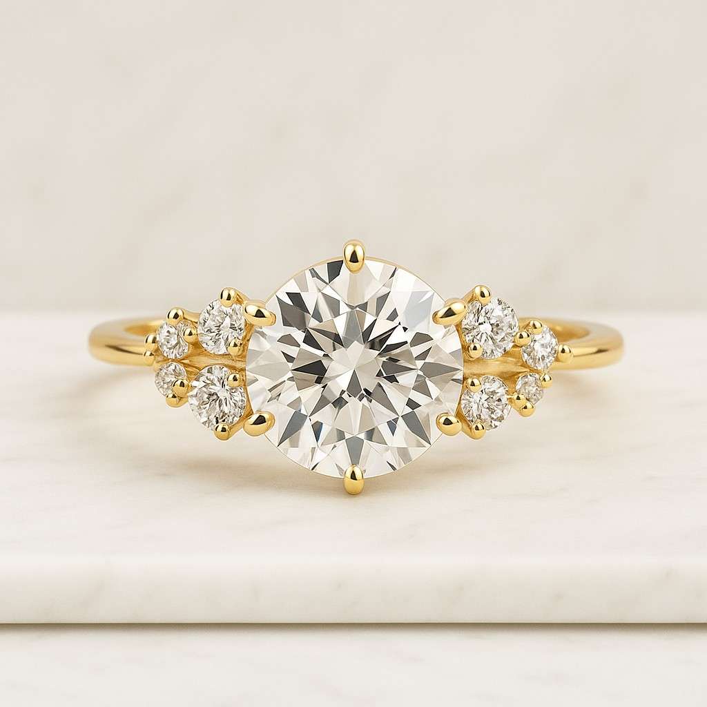 round cut side Star Shape Round Accent Three Diamond Pave Set Anniversary Gift