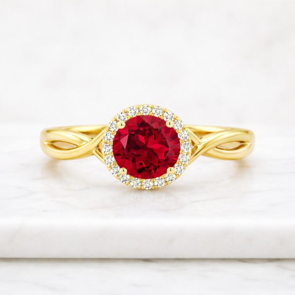 ruby engagement ring ruby halo ring gold engagement ring infinity ring twisted ring round ruby ring diamond ring bridal jewelry fine ring gemstone jewelry luxury ring wedding jewelry red stone ring
