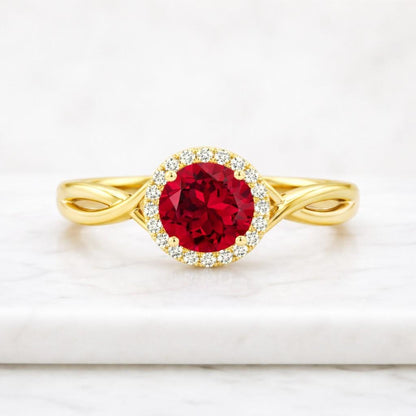 ruby engagement ring ruby halo ring gold engagement ring infinity ring twisted ring round ruby ring diamond ring bridal jewelry fine ring gemstone jewelry luxury ring wedding jewelry red stone ring