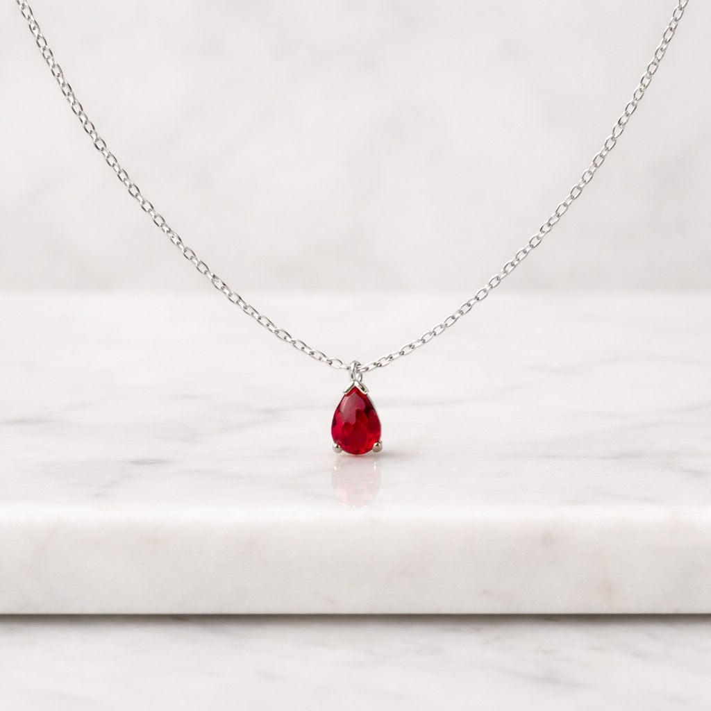 Ruby Pear Necklace, Solid Gold Lab Gemstone Pendant, Pear Gemstone Pendant, Ruby Birthstone, Perfect Gift for her.