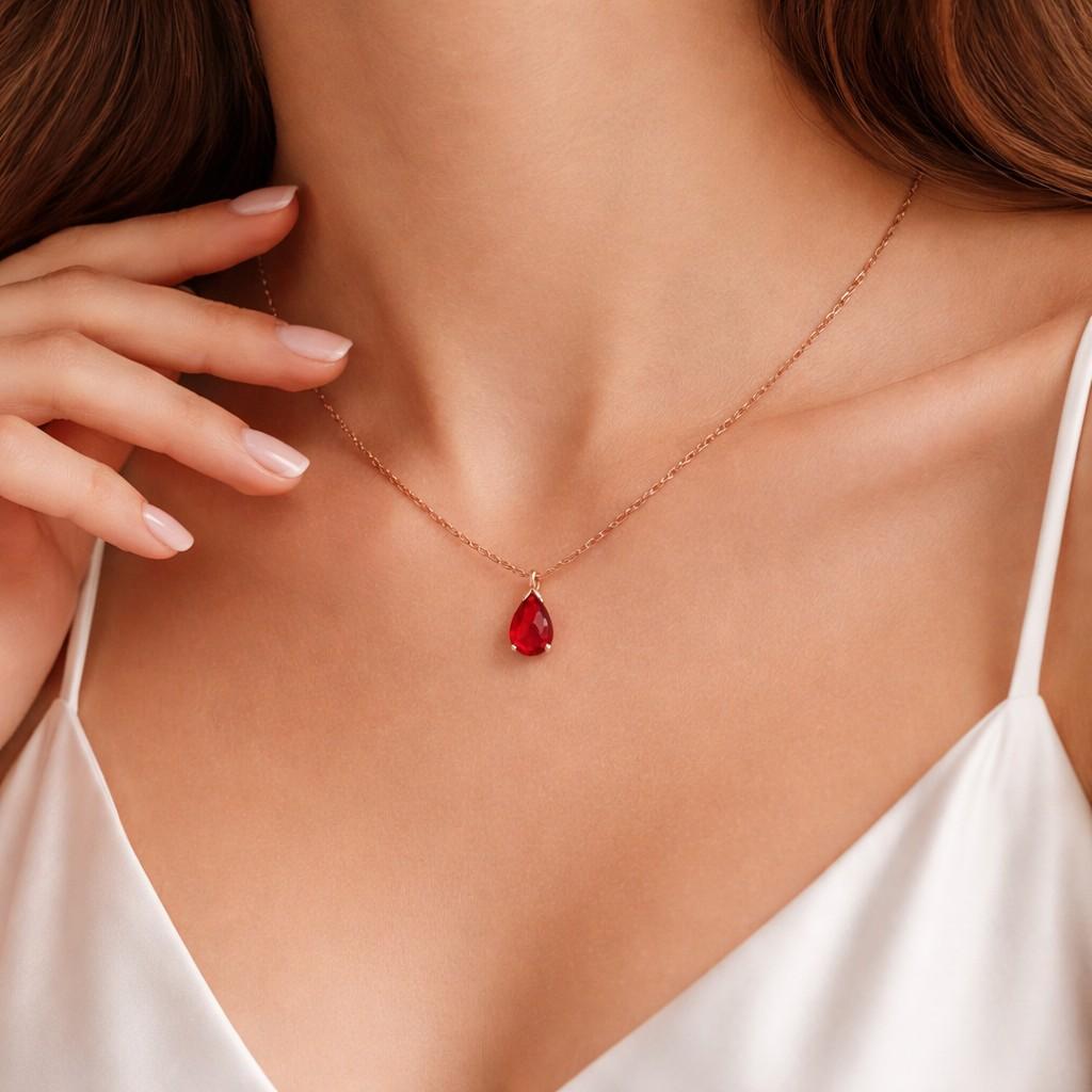 1ct Pear Ruby Necklace, 14k Solid Gold, Dainty Minimalist Pendant, Pear Women's Necklace, Special Gift For Her.