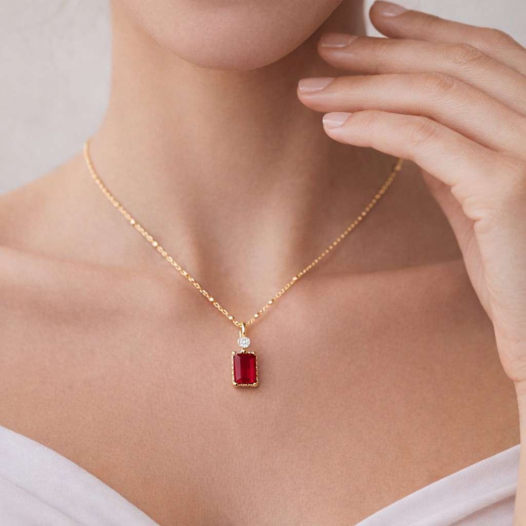 ruby pendant necklace ruby necklace red stone pendant gemstone pendant necklace silver chain pendant rectangular gemstone necklace solitaire necklace elegant jewelry fine necklace