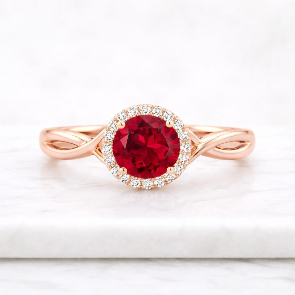 ruby ring gold ring halo ring twisted band promise ring bridal ring women ring fine jewelry dainty ring elegant ring red gemstone round stone statement ring solitaire ring luxury ring handmade ring classic ring