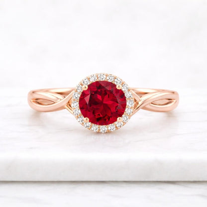 ruby ring gold ring halo ring twisted band promise ring bridal ring women ring fine jewelry dainty ring elegant ring red gemstone round stone statement ring solitaire ring luxury ring handmade ring classic ring
