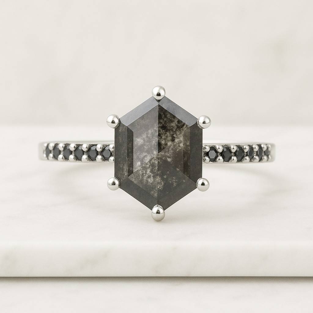 salt and pepper diamond Engagement Ring-diamond Ring-three stone Engagement Ring-Trillion Diamond Ring-Three stone ring-Vintage inspired