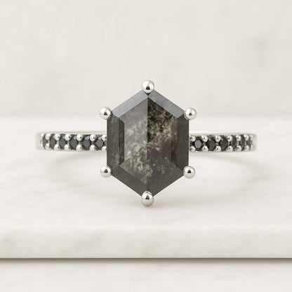 salt and pepper diamond Engagement Ring-diamond Ring-three stone Engagement Ring-Trillion Diamond Ring-Three stone ring-Vintage inspired