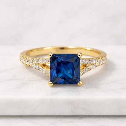 Dark Blue Princess Cut Moissanite Engagement Ring, Pave Band, Claw Prongs
