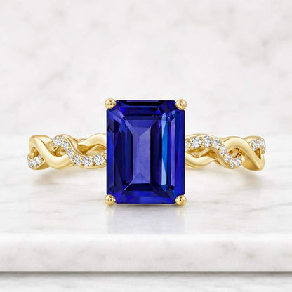 14K White Gold Blue Emerald Cut Lab Diamond Ring, Split Cathedral Shank Halo Engagement Ring, Vintage Inspired Bridal Ring