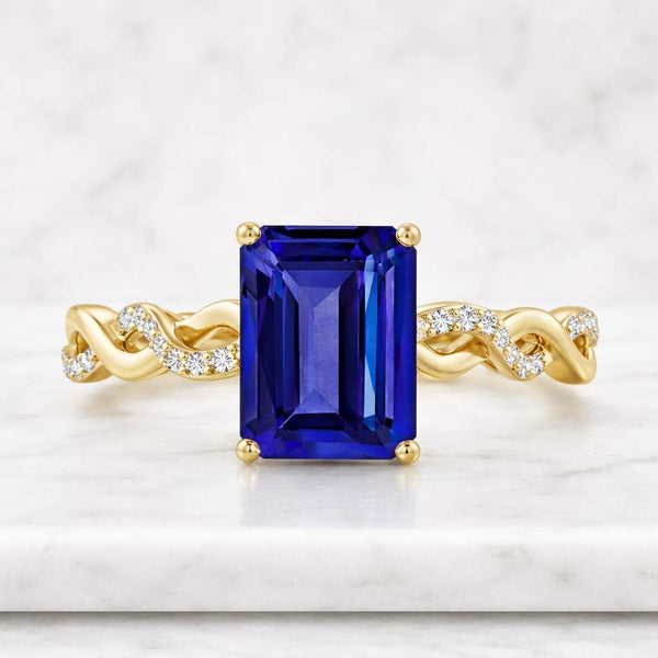 14K White Gold Blue Emerald Cut Lab Diamond Ring, Split Cathedral Shank Halo Engagement Ring, Vintage Inspired Bridal Ring