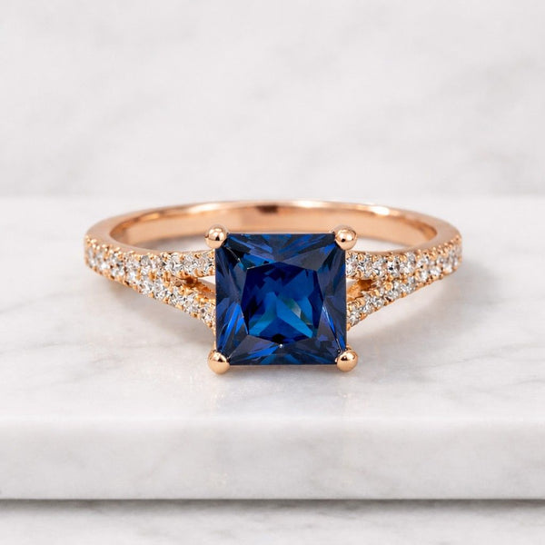 Blue Sapphire 9.7CT Princess Cut Ring Gemstone Jewelry for Women Statement Proposal Ring 10K Gold 3/4 Pave Set Solitaire Wedding Ring Gift