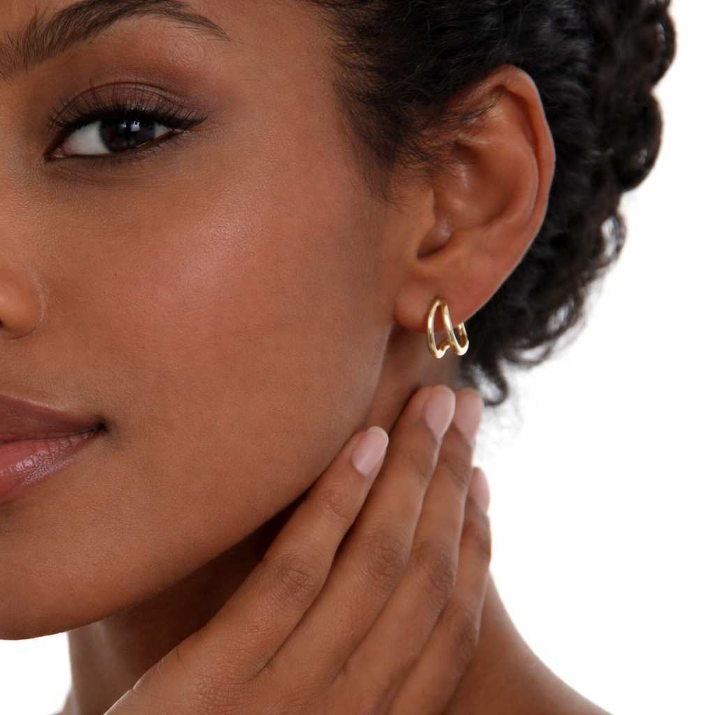18k solid gold double hoop earrings minimalist open hoop stud earrings modern gold earrings gift for women everyday jewelry
