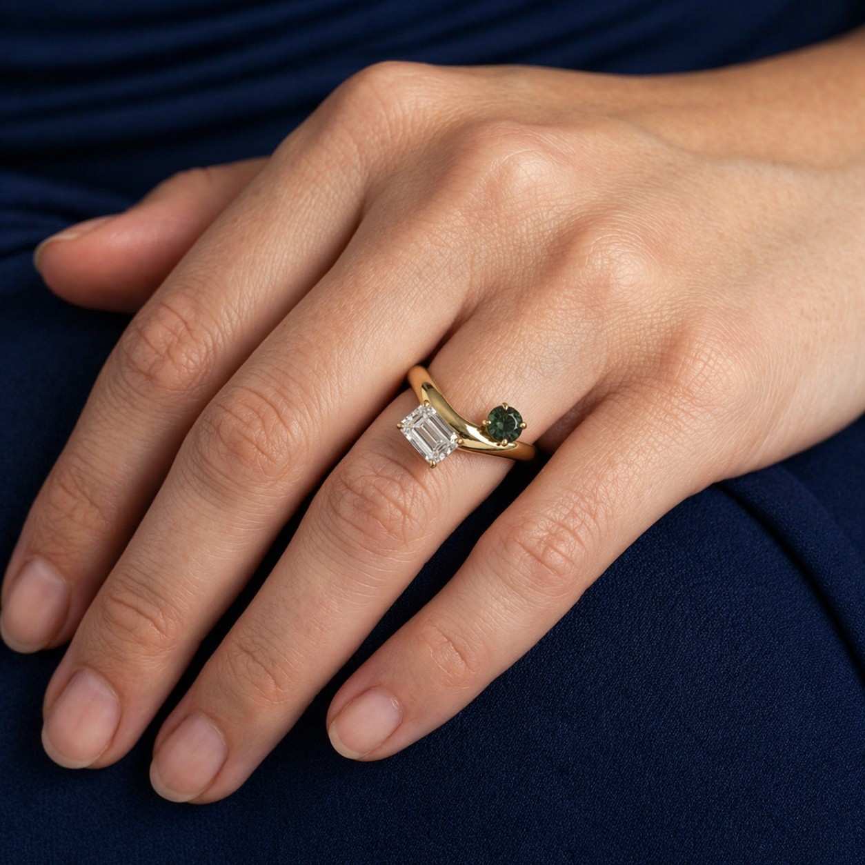 toi et moi round green moissanite engagement ring, gold bypass wedding ring, two stone you & me proposal ring gift for her
