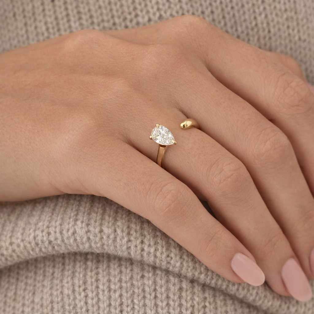 2 CT Pear Cut Diamond Open Cuff Solitaire Ring in 14K Yellow Gold Open Band Engagement Ring Minimalist Bridal Ring Anniversary Gift for Her
