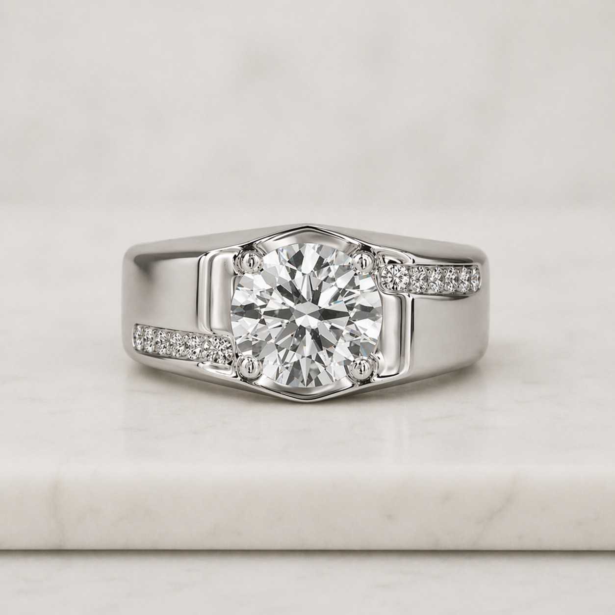 Men's Gold Solitaire Signet Ring, Lab Grown Moissanite Statement Band