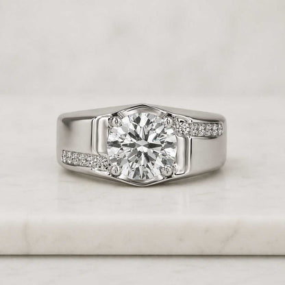 Men's Gold Solitaire Signet Ring, Lab Grown Moissanite Statement Band