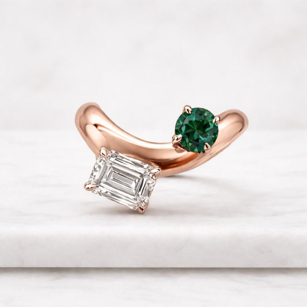 two stone emerald cut moissanite round emerald engagement ring solid 14k yellow gold personalized snowdrift bridal wedding ring set women
