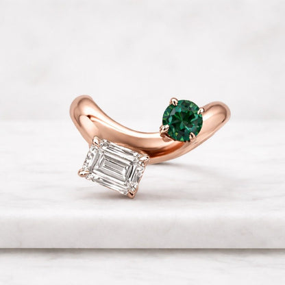 Two stone emerald cut moissanite round emerald engagement ring solid 14k yellow gold Personalized snowdrift bridal wedding ring set women
