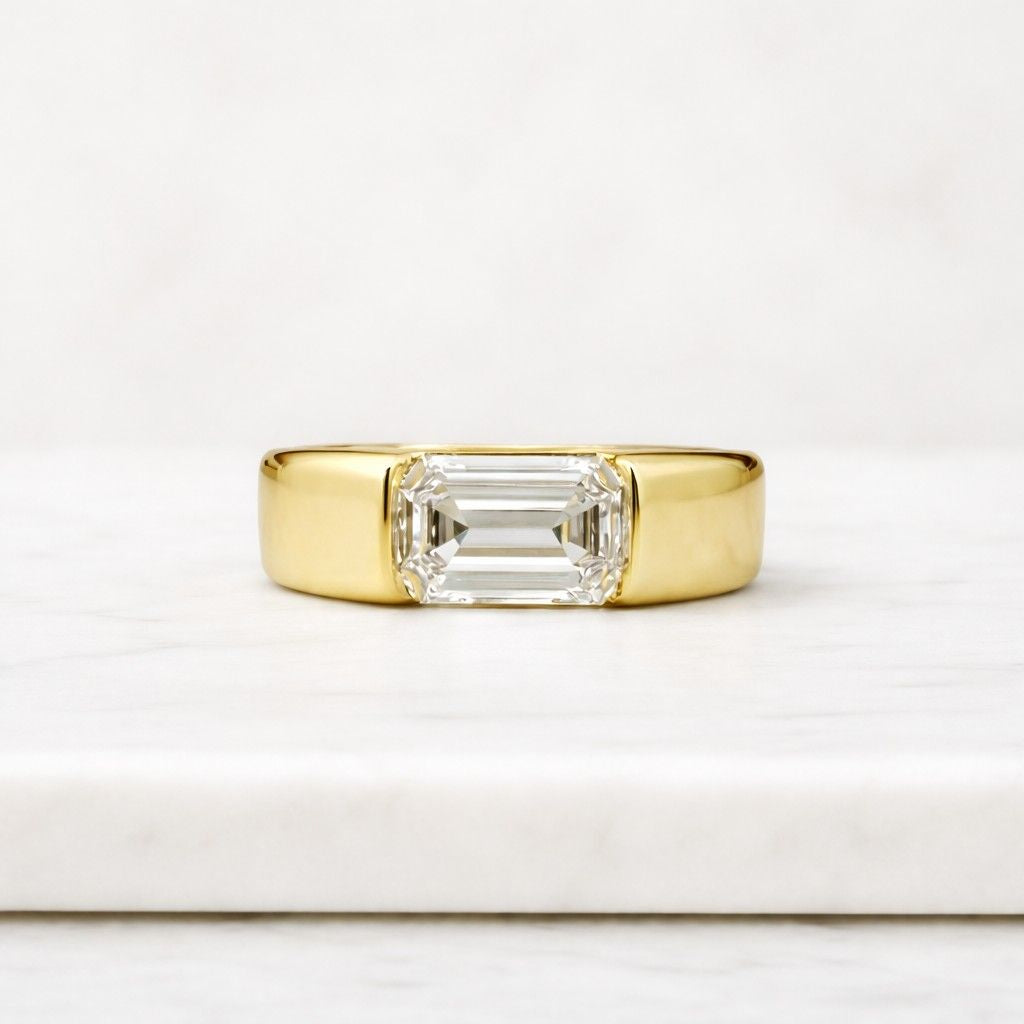 East West Emerald Cut Lab Grown Diamond Ring: 10K Yellow Gold Half Bezel Solitaire 2.0ct Emerald Lab Grown Diamond Engagement Ring – Half Bezel Setting, IGI Certified

