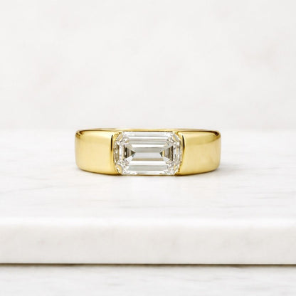 East West Emerald Cut Lab Grown Diamond Ring: 10K Yellow Gold Half Bezel Solitaire 2.0ct Emerald Lab Grown Diamond Engagement Ring – Half Bezel Setting, IGI Certified

