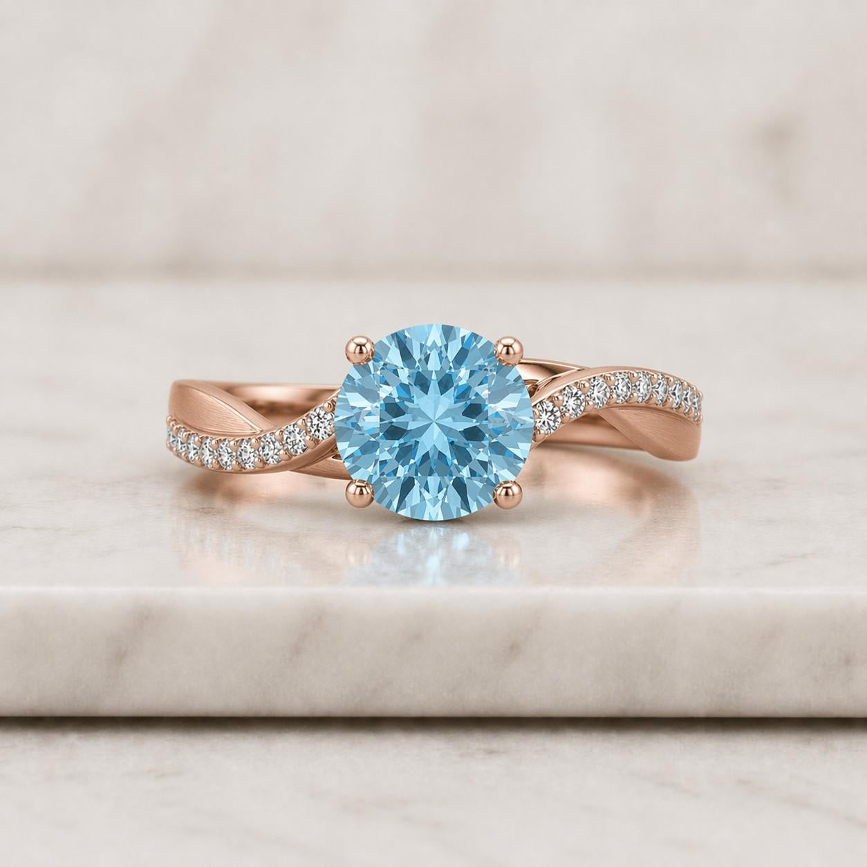 round cut aquamarine twisted halo engagement ring, natural aquamarine wedding ring, promise ring march birthstone, anniversary ring gift
