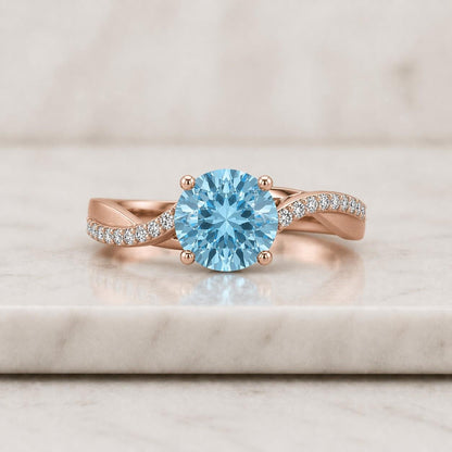 Round Cut Aquamarine Twisted Halo Engagement Ring, Natural Aquamarine Wedding Ring, Promise Ring March Birthstone, Anniversary Ring Gift
