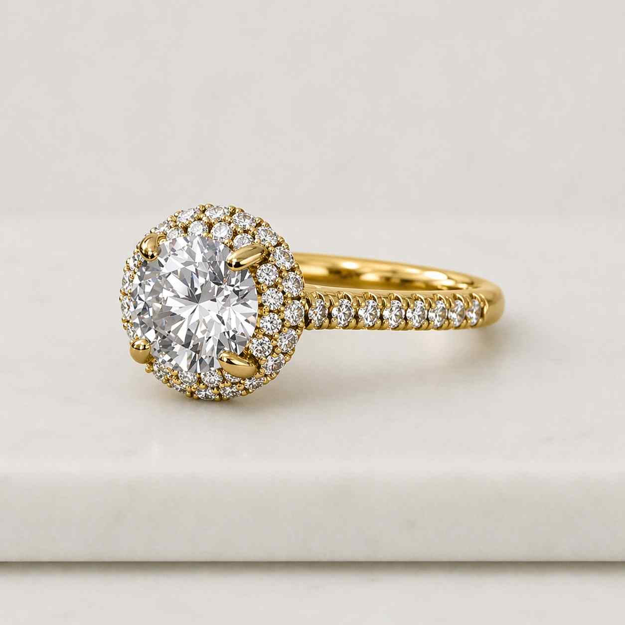 14K Solid Gold Double Tone Round Diamond Engagement Ring Cathedral Style Micro Pave Set Ring for Women Classic Minimal Bridal Proposal Ring