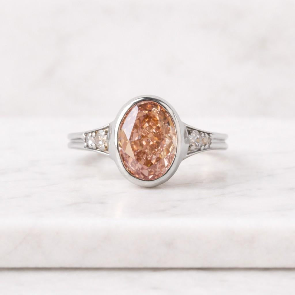 Oval Cut Pink Lab Grown Diamond Bezel Set Engagement Ring, 14k Gold Band Ring, Unique Bridal Ring, Promise Anniversary Gift Ring for Women