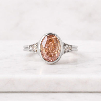 Oval Cut Pink Lab Grown Diamond Bezel Set Engagement Ring, 14k Gold Band Ring, Unique Bridal Ring, Promise Anniversary Gift Ring for Women