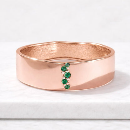 Green Round Gemstone Flush Set Cigar Band,14K Gold Wide Band Engagement Ring, Round Moissanite Cluster Ring for Women, Bold Anniversary Gift
