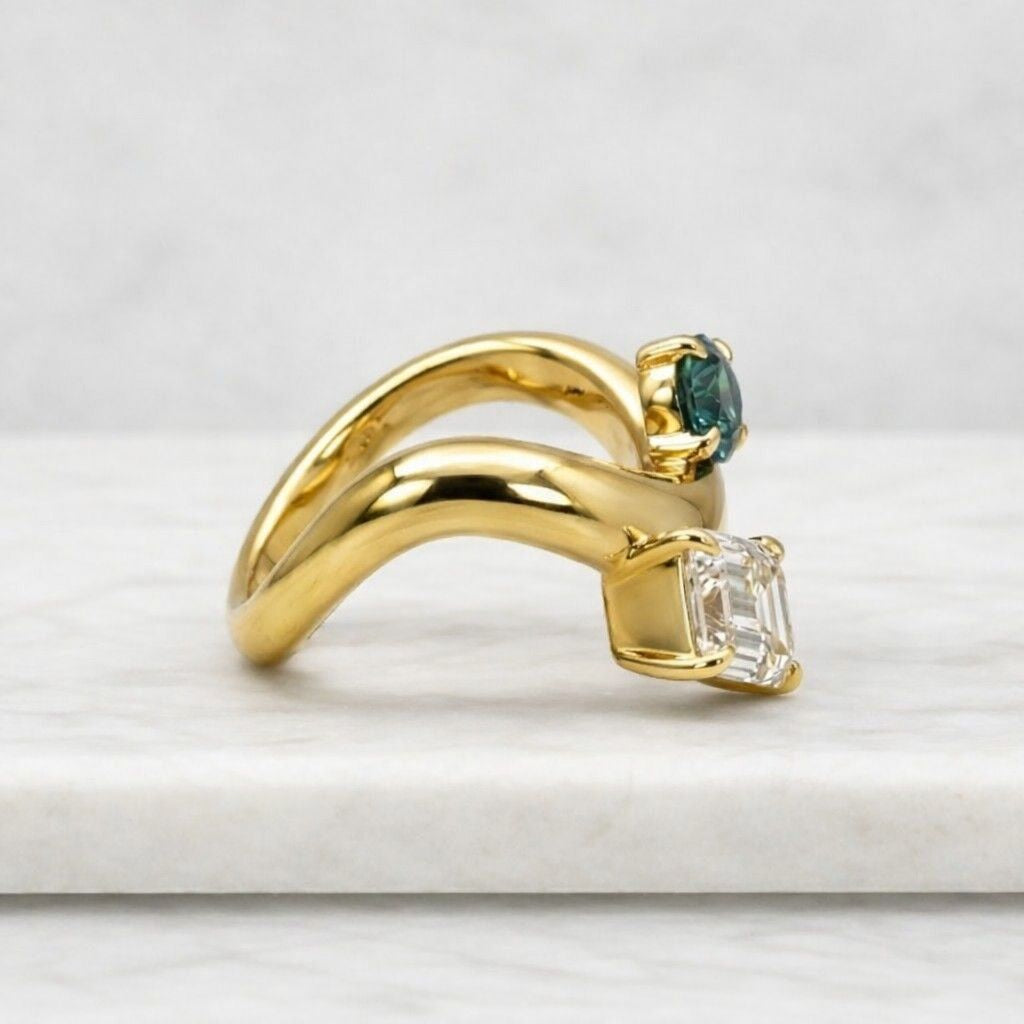 Toi Et Moi Round Emerald Pear Moissanite Engagement Ring Dainty Bezel Two Stone Yellow Gold Wave Band Plain Gold Birthstone Wedding Ring
