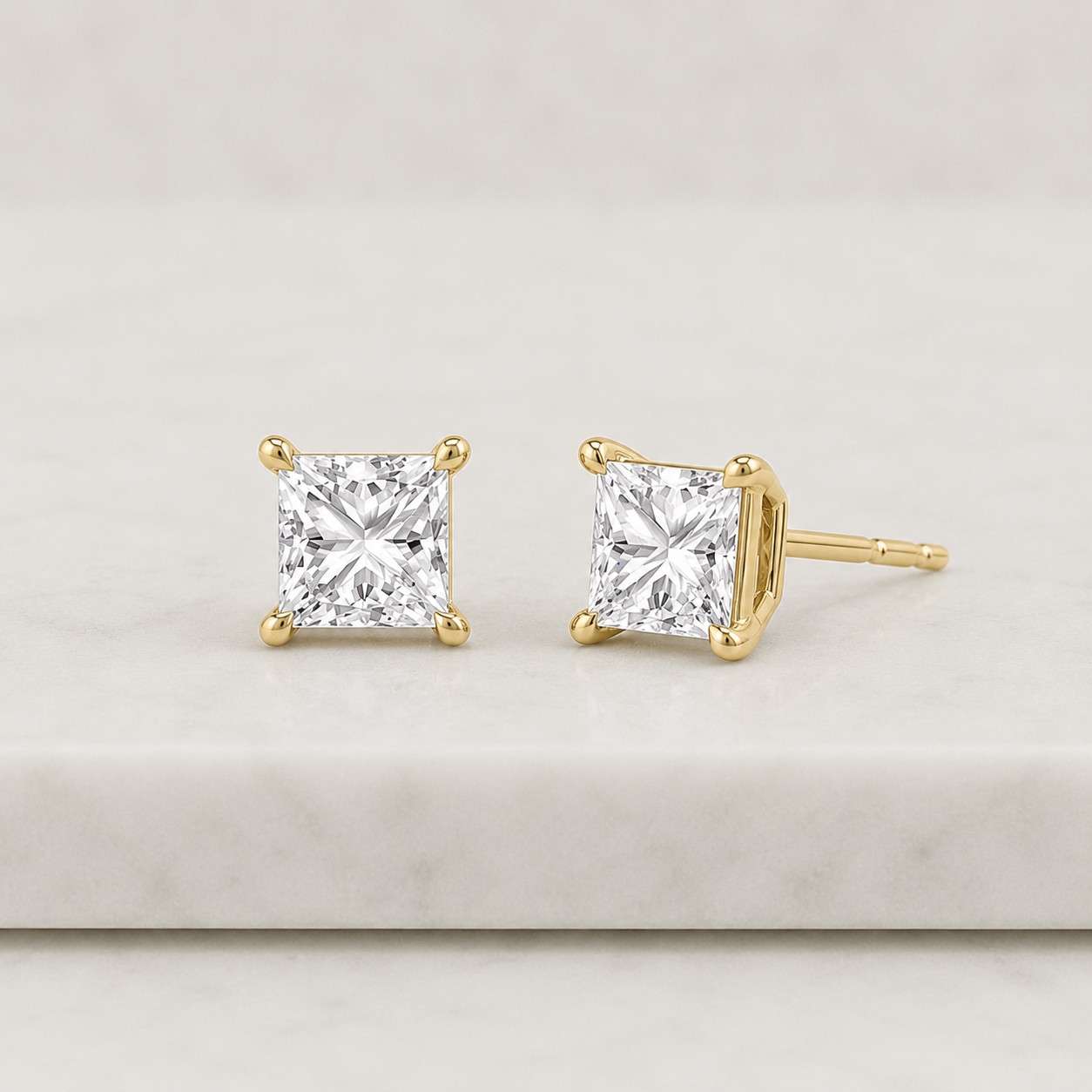 14k gold lab diamond princess-cut stud earrings, classy square diamond studs, with secure screwbacks, by tilo jewelry
