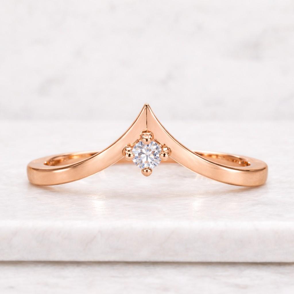 round cut curved chevron wedding band, lab diamond nesting ring, anniversary gift for her