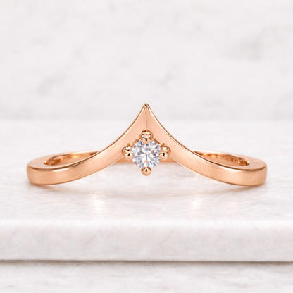 Round Cut Curved Chevron Wedding Band, Lab Diamond Nesting Ring, Anniversary Gift For Her