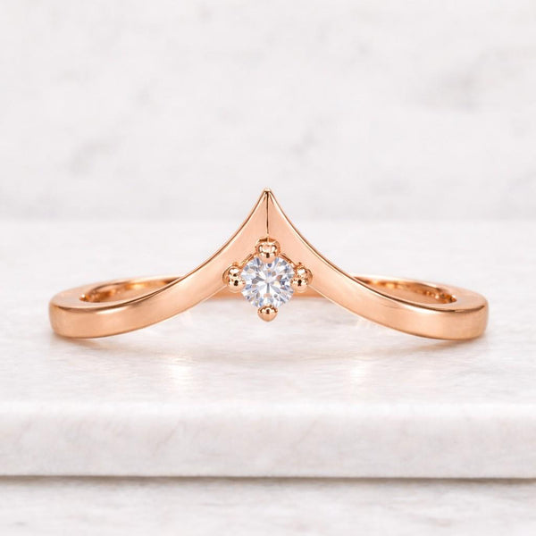 Round Cut Curved Chevron Wedding Band, Lab Diamond Nesting Ring, Anniversary Gift For Her