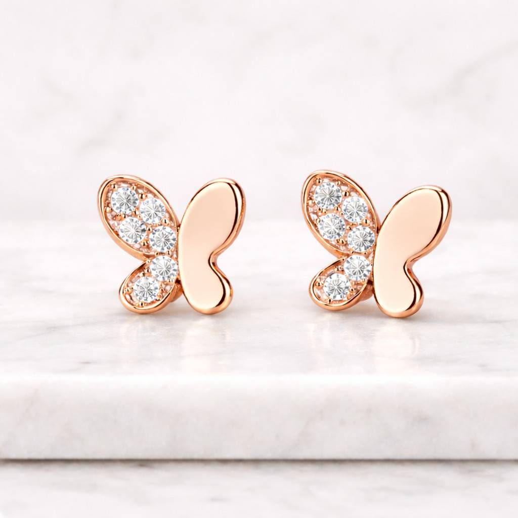 small butterfly studs gold lightweight comfortable ear jewelry stacking earrings second hole diamond studs gift for girlfriend wife modern jewelry trend
