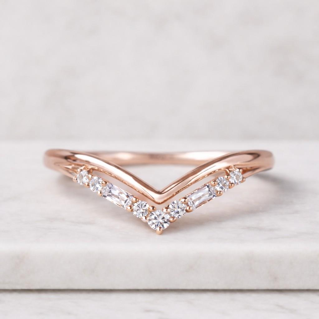 V Shaped Diamond Ring, Chevron Wedding Band, Curved Stacking Ring, Minimalist Diamond Band, Nesting Ring, Bridal Guard Ring