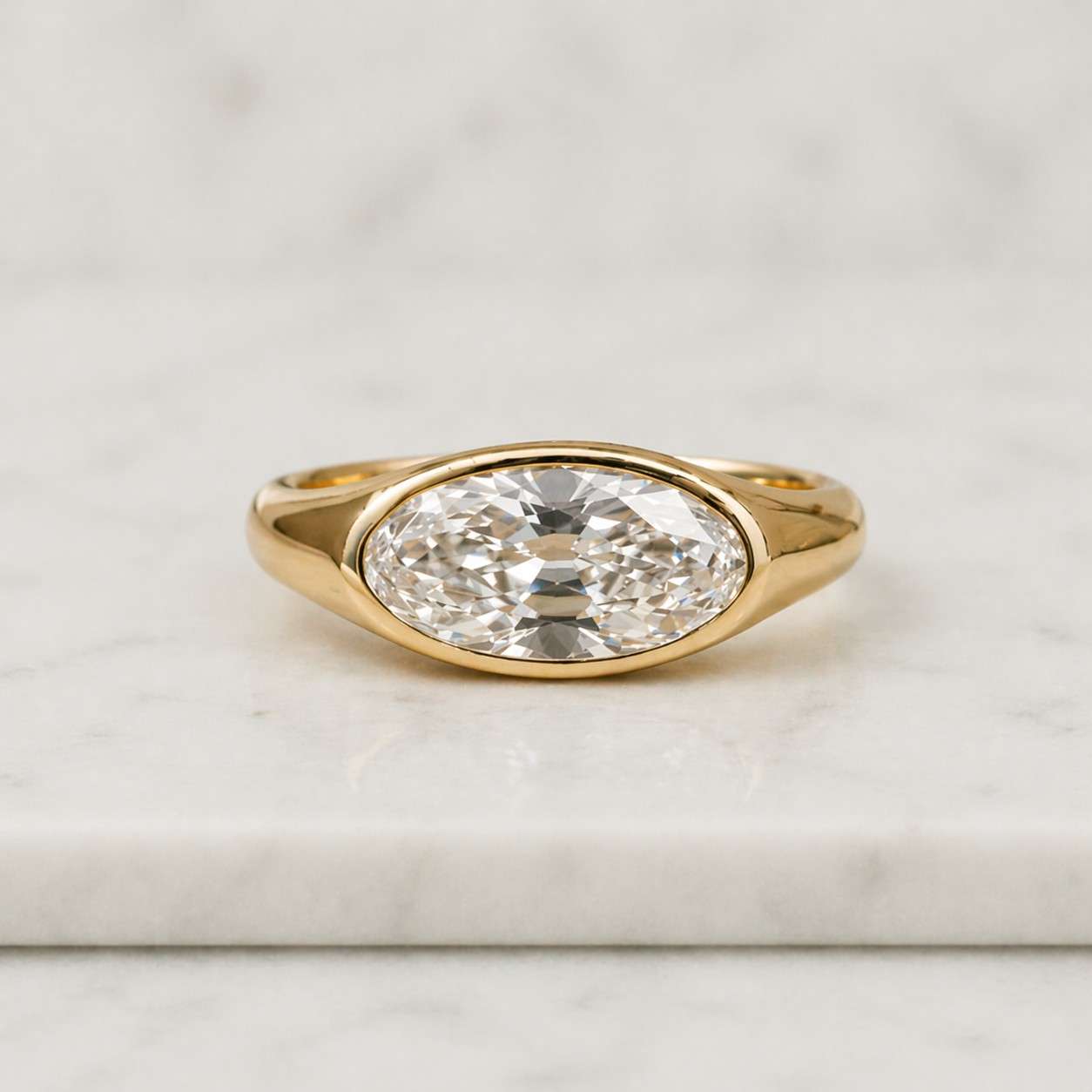 east west oval lab grown diamond ring bezel set 14k solid gold engagement ring dainty minimalist promise band unique handmade gift for her

