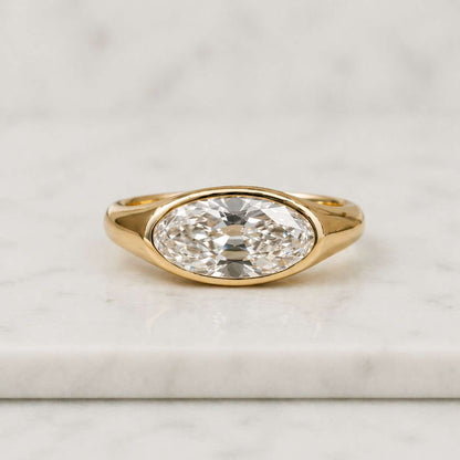 East West Oval Lab Grown Diamond Ring Bezel Set 14k Solid Gold Engagement Ring Dainty Minimalist Promise Band Unique Handmade Gift for Her
