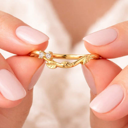 Leaf Inspired Band, Round Cut Moissanite Engagement Ring, Leafy Twig Wedding Ring, 14K Gold Tree Branch Ring, Curved Matching Wedding Band