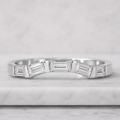 Baguette Diamond Chevron Wedding Band, Curved Stackable Ring, Gold Anniversary Band, Minimalist Bridal Ring, Gift for Her
