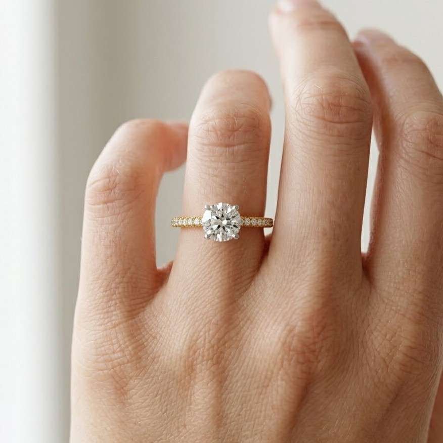 solid gold round cut moissanite sandwich setting engagement ring, wedding ring